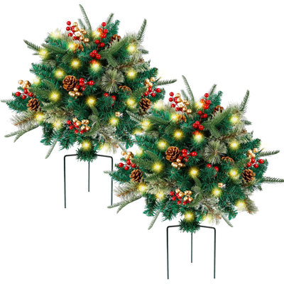 Bourre de sapin de Noël artificielle éclairée, sapins de Noël pré-éclairés avec cônes, baies rouges et dorées, piquet de trépied et 60 lumières DEL, remplisseur de décoration lumineuse pour les fêtes, paquet de 2