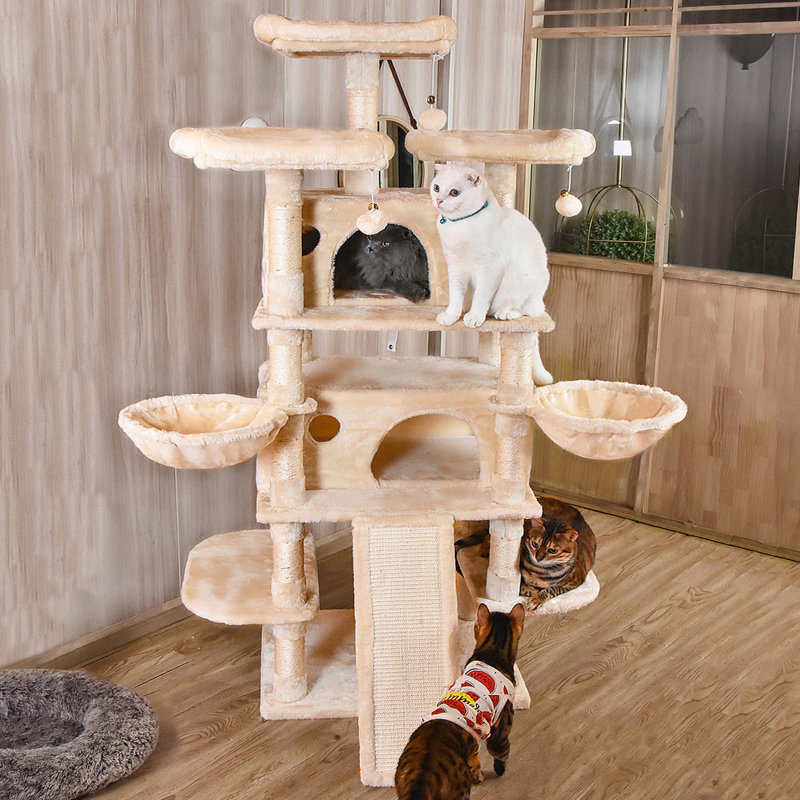 Lima Pet Heavy Duty Carpet 68 Inch Multi-Level Cat Tree Condos and Scratching Posts Included, Beige