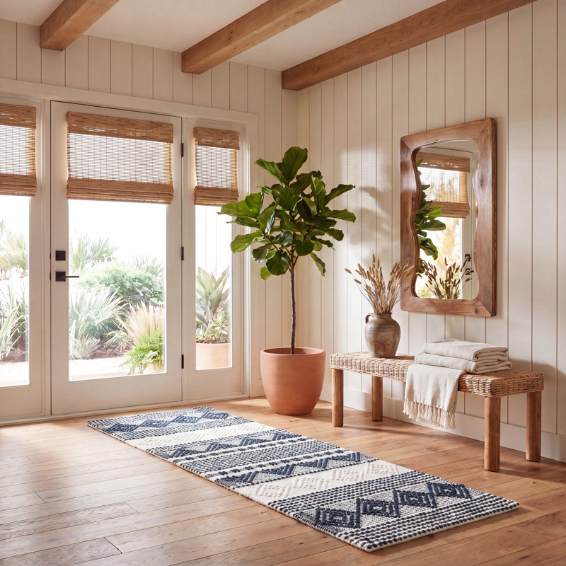 Southwestern Hand Woven Wool/Cotton Southwestern Rug, Runner 2'3" x 8', Dark Navy/Ivory