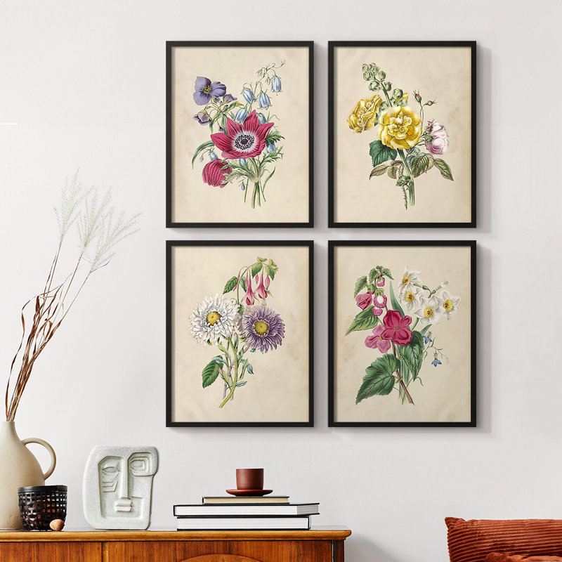 «Antique Garden Bouquet I», ensemble de 4, Noir, H 20 po x l 16 po