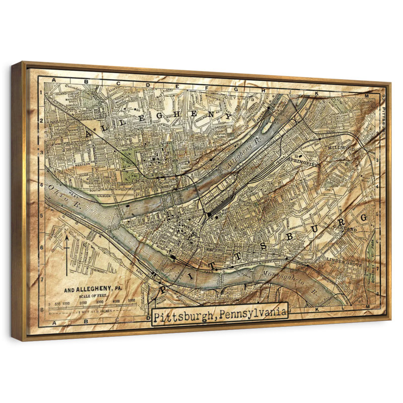 Carte rétro de la ville de Pittsburgh, Cadre flottant doré, 37 po x 25 po