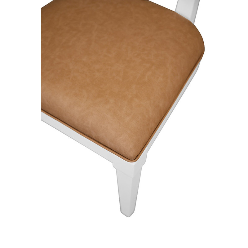 Bow Back Dining Chair In Matte White Lacquer With Camel Faux Leather Upholstery