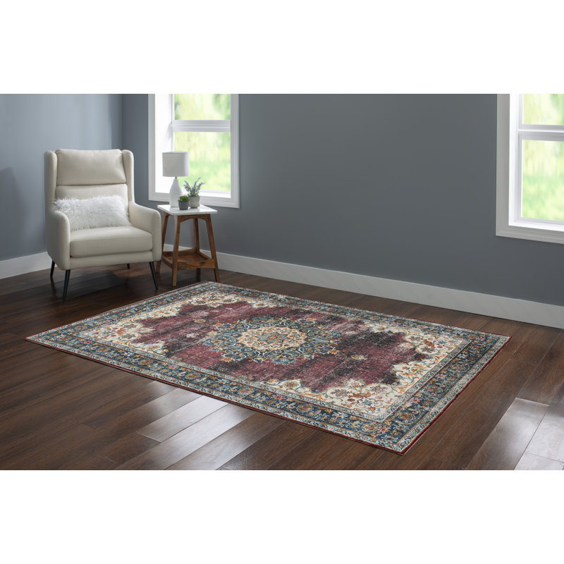 Ducote Washable Ivory and Burgundy Machine Woven Area Rug, Rectangle 5' x 7'