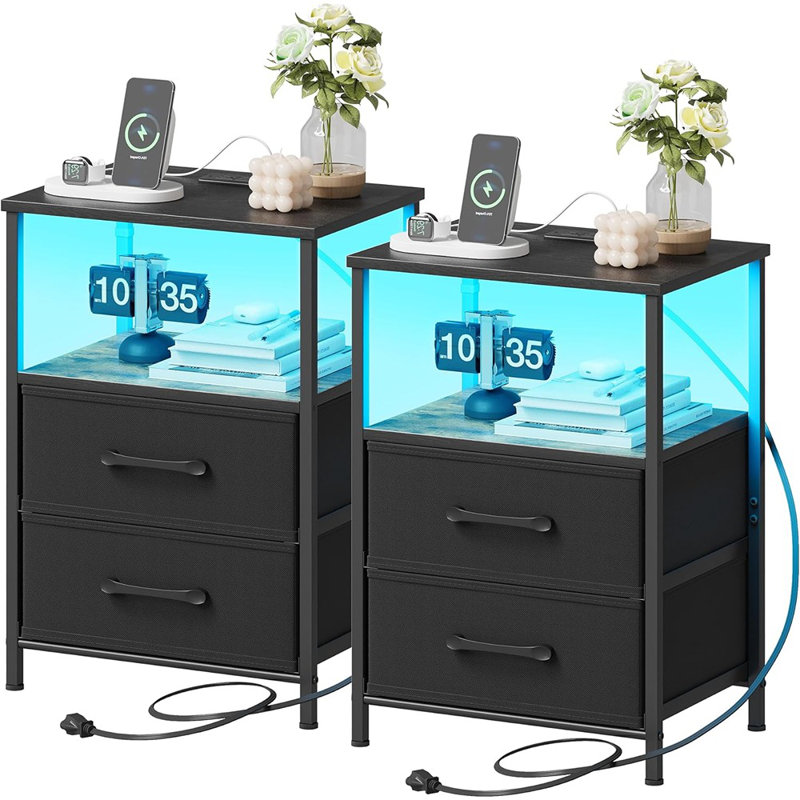 Ensemble de 2 tables de chevet, table de chevet avec station de charge et lumières DEL, table de chevet avec 2 tiroirs en tissu pour la chambre à coucher