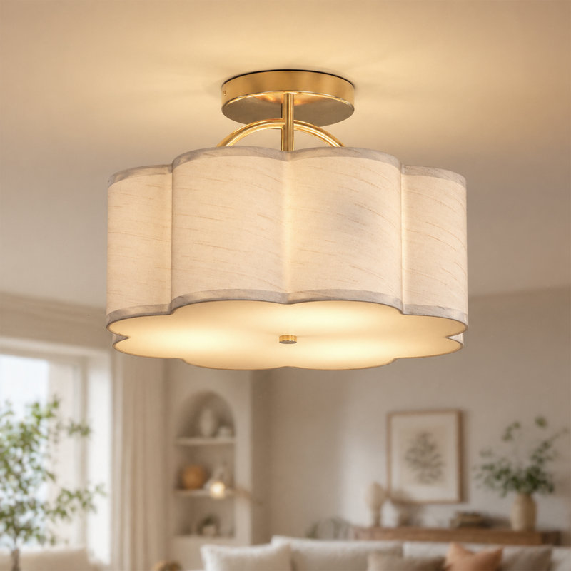 Plafonnier semi-encastré 3 lumières en bronze avec abat-jour en lin, Beige