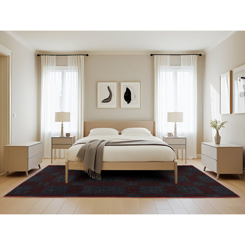 Machine Washable Checkered Brown Area Rug, Rectangle 5' x 8'