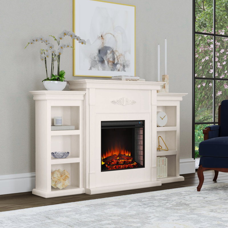 Ivory Electric Fireplace with Shelves and Embellished Mantel