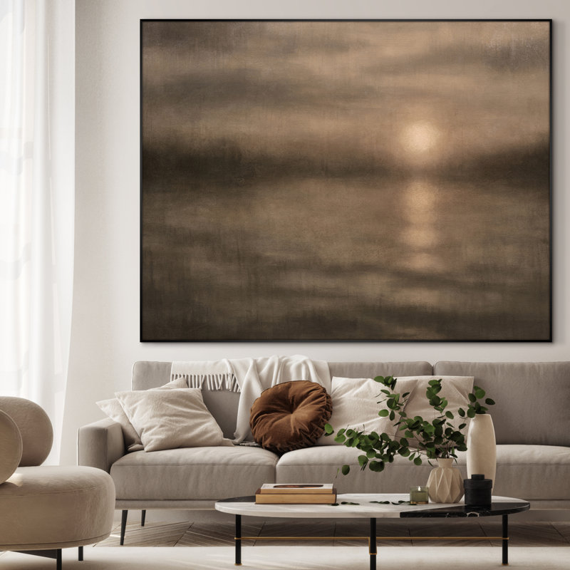 Très grande reproduction d'art sur toile - lever de soleil doré sur eau calme, horizon, décoration pour le salon ou la chambre à coucher - «Assemblage requis du cadre (cadre non fini)»