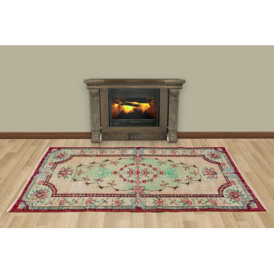 Hand-Knotted Wool Turkish Green Beige Fuschia Oriental Vintage Area Rug
