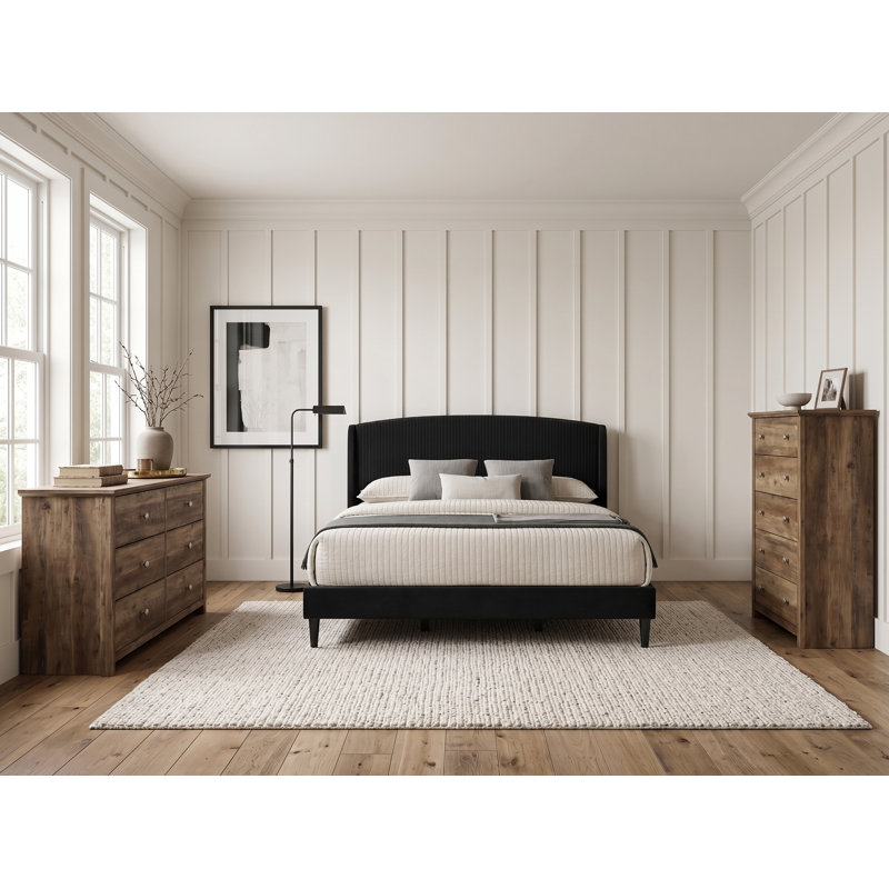 Ensemble de chambre à coucher Cerrato 3 pièces, Noir / chêne noueux, Ensemble de trois pièces : lit, deux commodes