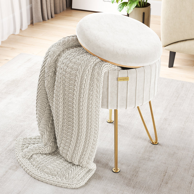 Round Pleated Velvet Ottoman with Storage, Gold, White