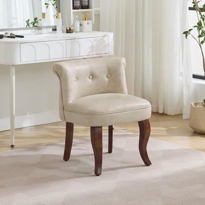 Tufted Upholstered Leather Vanity Chair with Solid Wood Legs