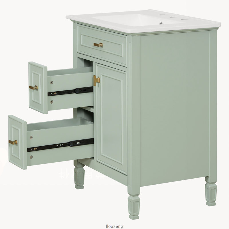 Meuble-lavabo autoportant de 24 po avec comptoir d'évier, armoire en bois massif et panneau de fibres à densité moyenne avec 1 tiroir rabattable, 2 tiroirs standard et tablette réglable, vert