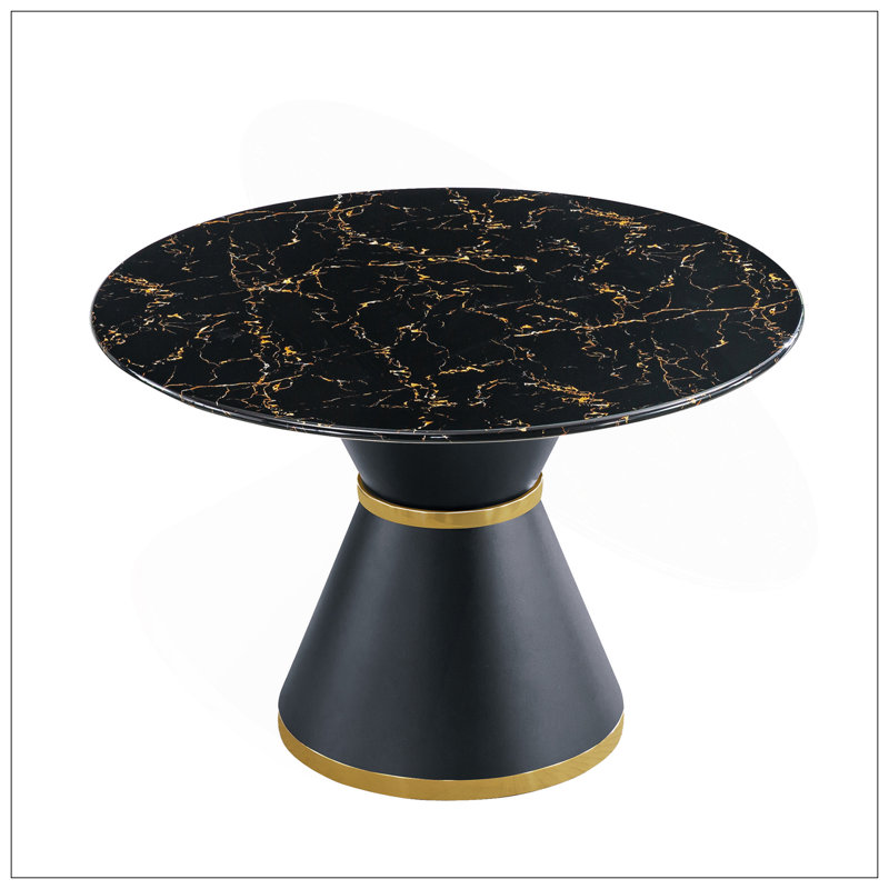 Table de salle à manger ronde en panneau de fibres à densité moyenne et marbre noir avec anneau annulaire doré (chaises non incluses)