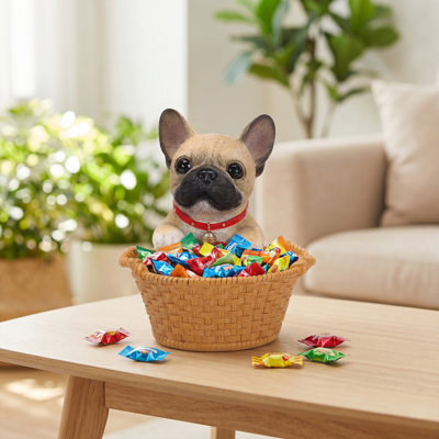 Key Bowl & Catchall Tray for Entryway Table Featuring Fawn Frenchie with Red Collar - Dog Statue Candy Dish & Coin Storage - Cute Animal Figurine Room Decor
