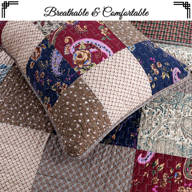 Queen Size Blue and Beige Cotton Reversible Quilt Set