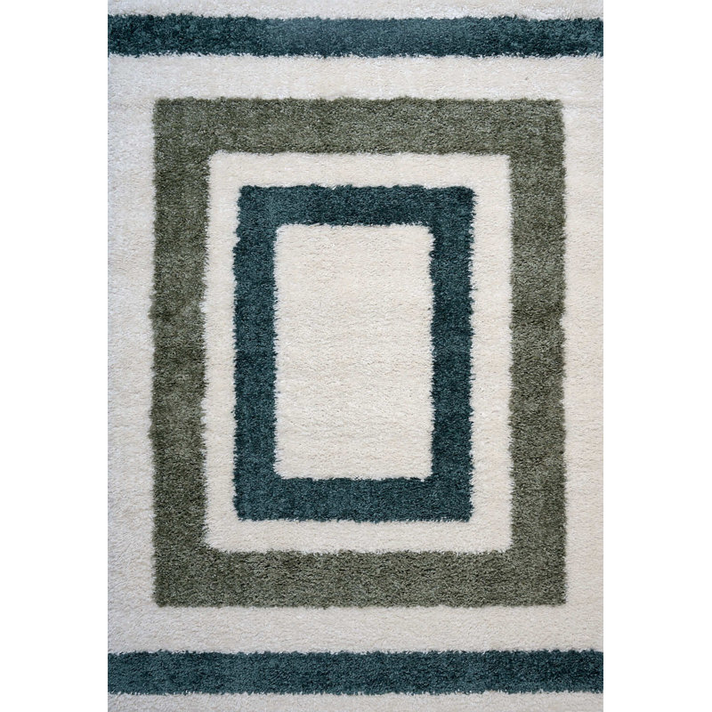 Moodi Modern Shaggy Area Rug Geometric Border Design, Rectangle 200 x 290 cm, Off-White/Green