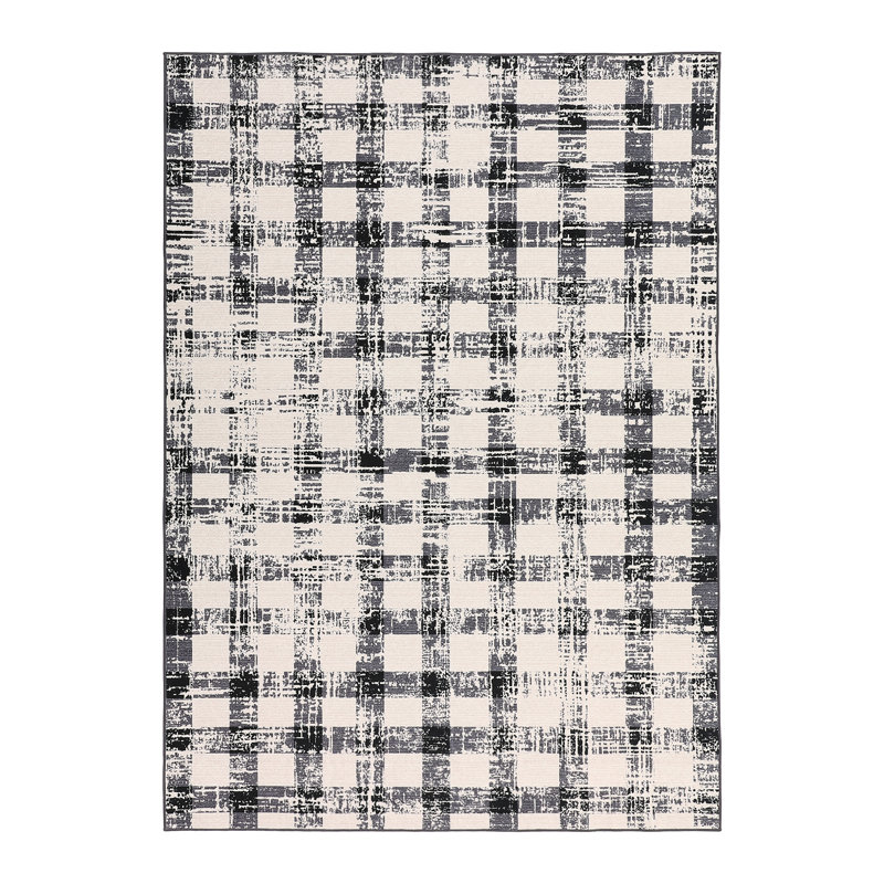 8x10 ft Washable Area Rug for Living Room - Geometric Grid Pattern Print Carpet, Soft Velvet, Non-Slip TPR Backing, Machine Washable, Black