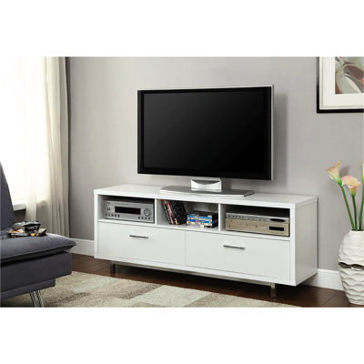 Élégante meuble télé blanc de 60 po avec 2 grands tiroirs inférieurs et 3 tablettes ouvertes à la mode