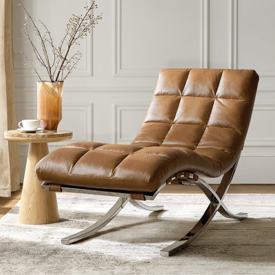 Estevan Classic Midcentury Modern Genuine Leather Chaise Lounge Chair with Channel Tufted