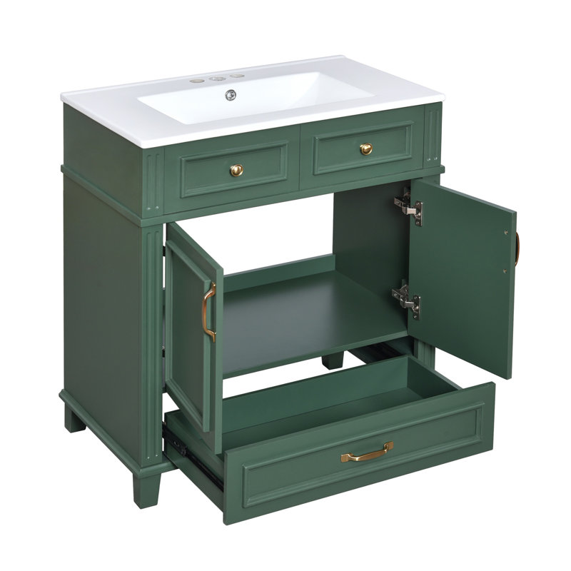 Meuble-lavabo simple 30 po avec lavabo en céramique, Vert/doré