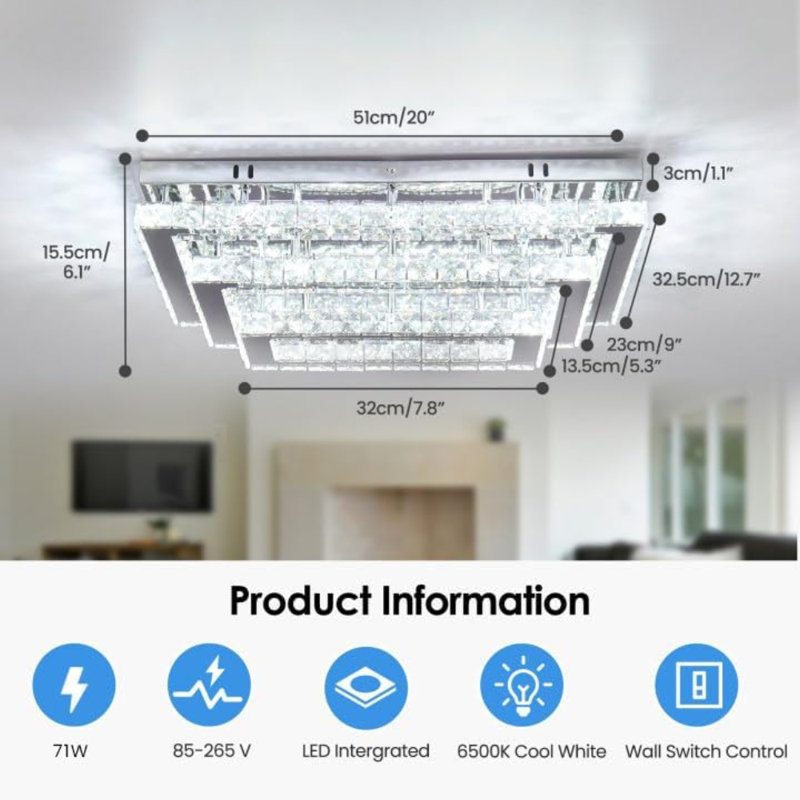 Modern Led Crystal Ceiling Light, Three-tier Rectangular, 2500k-6500k, 9120lm, Suitable For Living Rooms, Bedrooms, Kitchens, Balconies, Basements, And Offices, 20"*12.7" Ceiling Mount (adjustable Brightness/color Temperature)