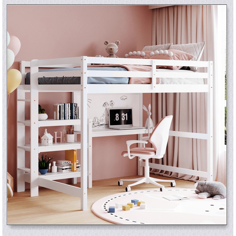 Lit mezzanine en bois avec tablette et plateau d'écriture