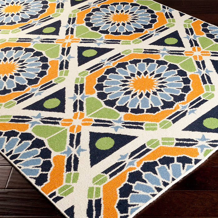 Kaleidoscope Wool Geometric Area Rug in Blue/Green/Orange, Rectangle 2' x 3'