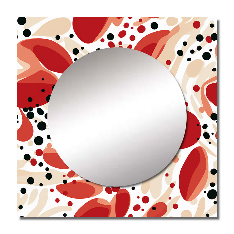 Motif à pois rouges et blancs II - miroir carré moderne pour décoration murale, 23 po x 23 po