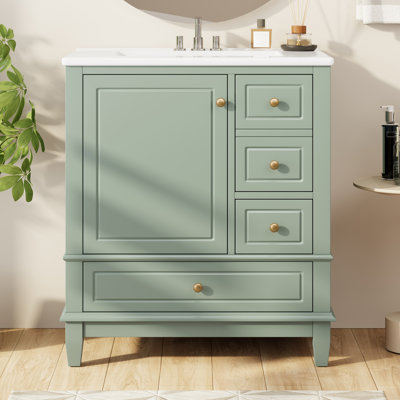 Meuble-lavabo autoportant de 30 po avec lavabo simple en céramique, une porte avec tablette et 3 tiroirs