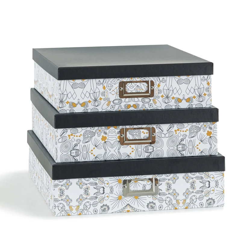 Sandersville 3 Piece Decorative Box Set, Black/White Geometric 1