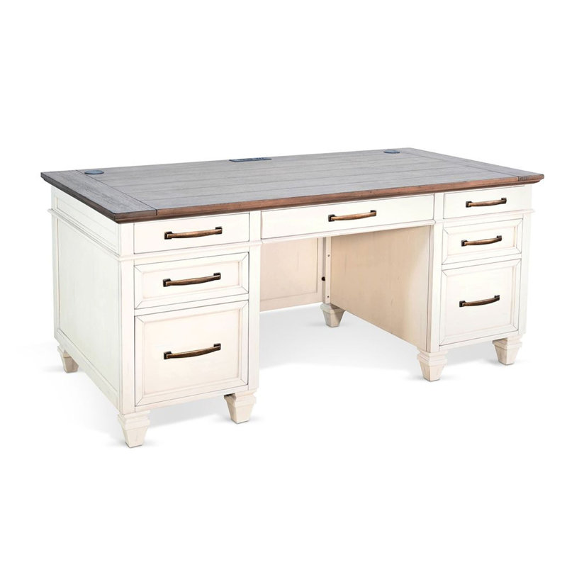Bureau Wiz, plateau en bois brun de 66 pouces, 7 tiroirs, bois d'acajou blanc