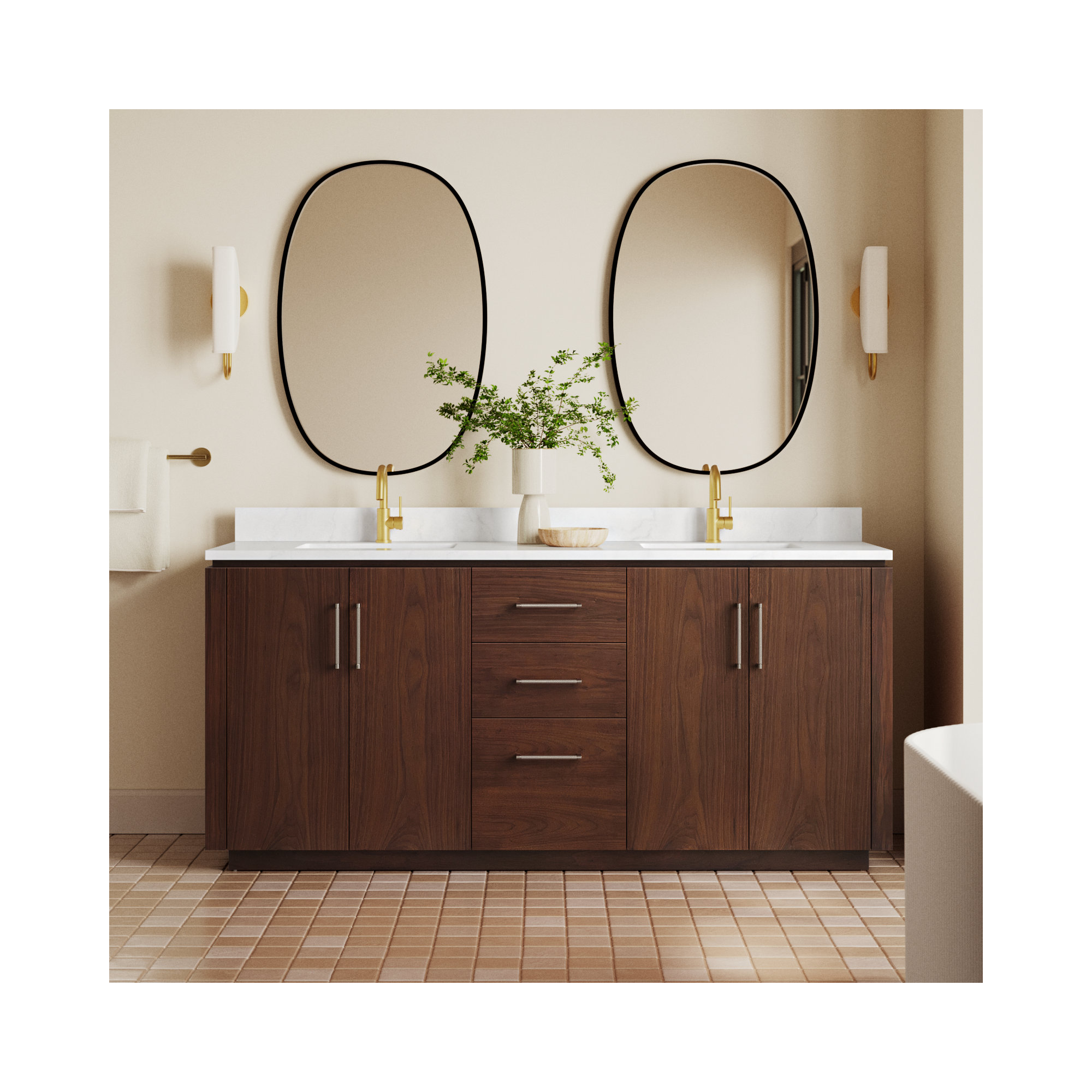 Cloverfield 72'' Double Bathroom Vanity, Gold, Natural Walnut