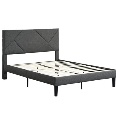 Grey Full Size Bed With Upholstered Headboard, Strong Wood Slat Support, No Box Spring, Easy To Assemble Platform Frame, Design, Slats, 500 Lbs Limit