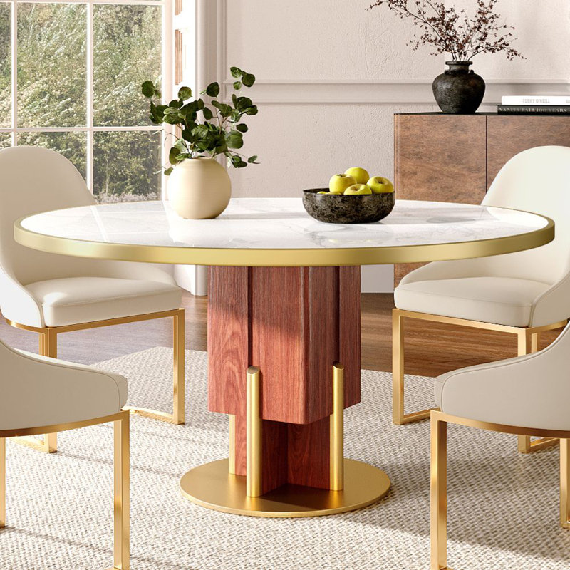 53" Sintered Stone Round Dining Table For 6-8, Solid Wood Pedestal & Heavy Carbon Steel Support, Pre-Assembly, Glossy White