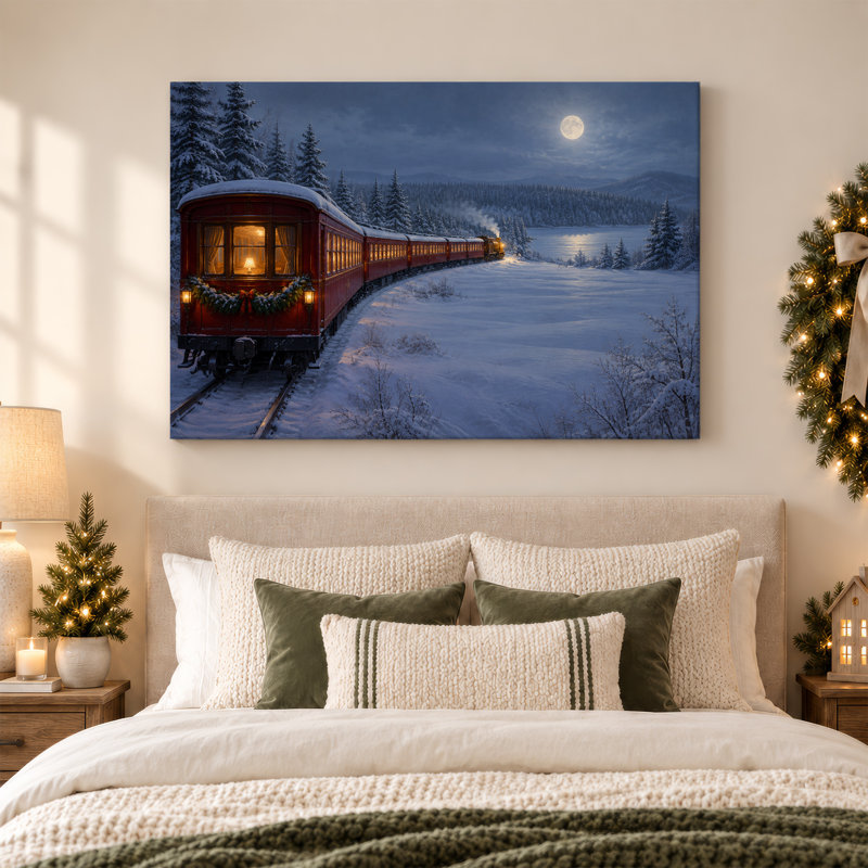 «Red Train in Snowy Forest Under Full Moon Christmas», art mural sur toile, 24"H x 36"W