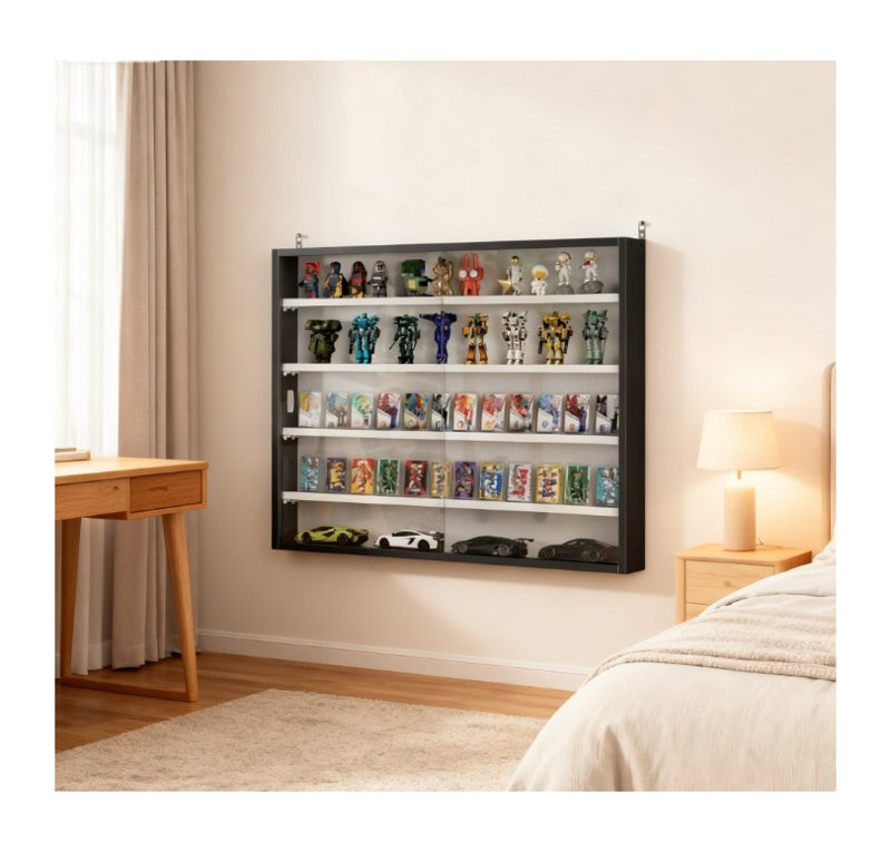 Vitrine murale en verre avec porte transparente et cadre noir pour objets de collection et souvenirs
