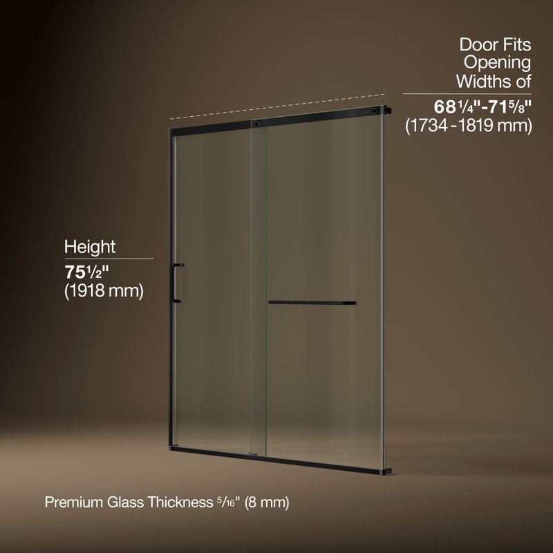 Sliding Shower Door, 75-1/2-In H X 68-1/4 - 71-5/8-In W, With Heavy 5/16-In Thick Crystal Clear Glass, Black