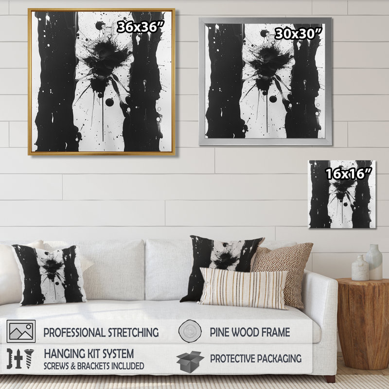 Sudden Chaos Black White Minimal Spatter - Art mural abstrait à l'encre liquide, Toile avec cadre flottant noir