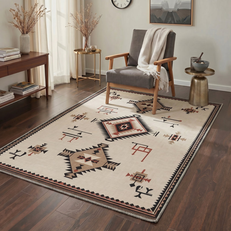 Tapis d'intérieur / beige à motif géométrique lavable à la machine avec envers antidérapant Mirage, Round 5'