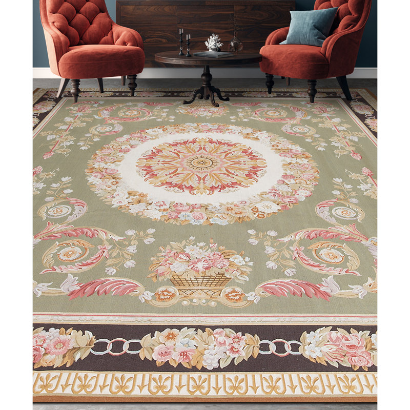 Hand-Knotted High-Quality Green and Brown Area Rug
