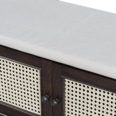Banc d'entrée en rotin avec rangement Boho, banc à chaussures rembourré avec portes doubles, banc de rangement en bois pour vestibule et couloir (espresso + beige)