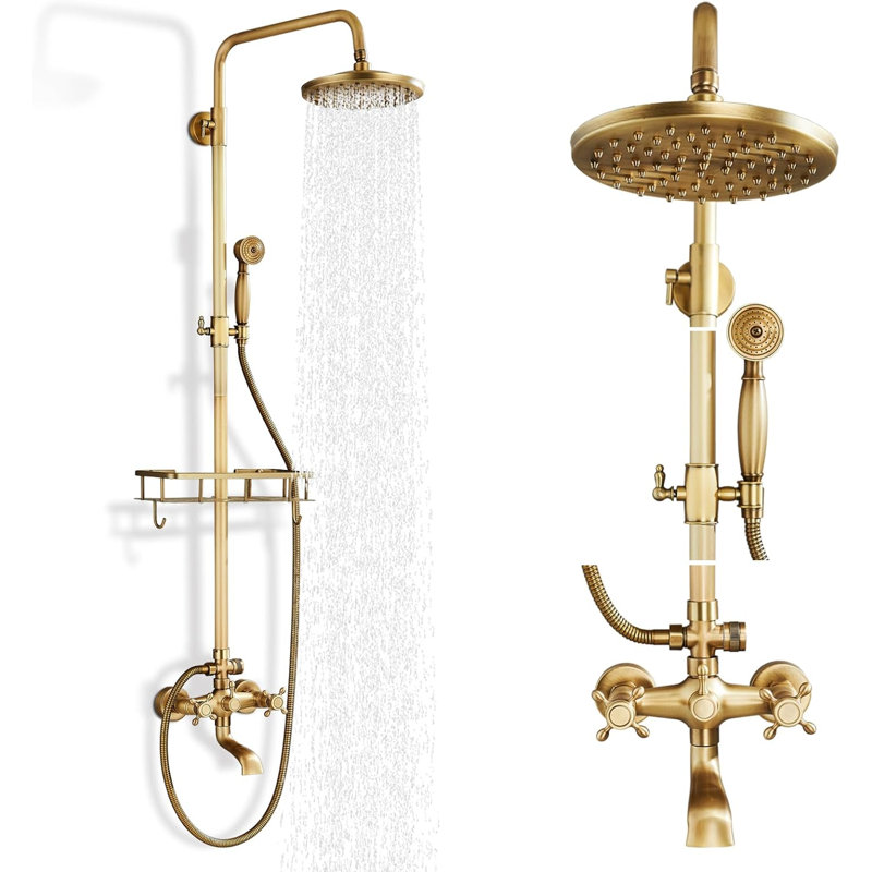 Ensemble de robinet de douche pour salle de bain en laiton antique avec pomme de douche à pluie à effet de pluie avec poignée de douche à cascade et bec de baignoire mural avec tablette de douche