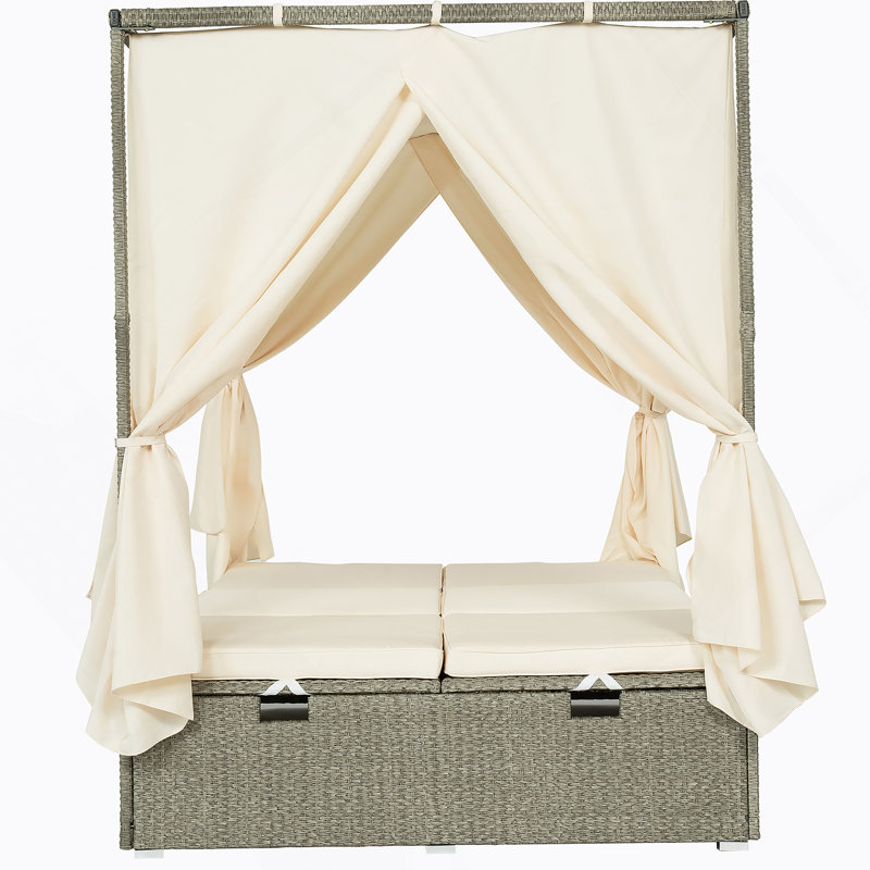 Adjustable Outdoor Sun Lounger With Canopy, Removable Cushion For Patio, Garden And Poolside, Beige