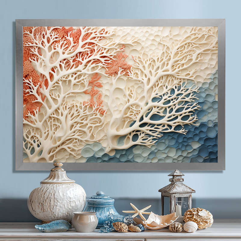 «Rose and White Coastal Coral Collage I» - art mural corail sous l'eau, Impression encadrée, H 12 po x l 20 po, Argent argent