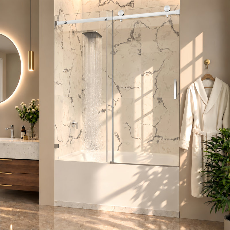 Porte de douche coulissante sans cadre Serenity 56''-60''L x 72''H avec verre clair de 3/8" (10 mm) chromé, Chrome