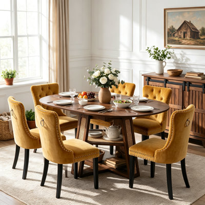 Ensemble de table et de chaises ovales rondes extensibles (43" à 59") pour 6 personnes, comprenant une table ovale de 7 pièces avec une tablette de rangement et des chaises rembourrées. Économisez de l'espace, style ferme moderne.