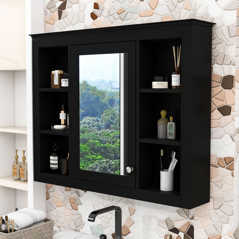 Elegant Wall-Mounted Mirror Cabinet with Concealed Storage, Black