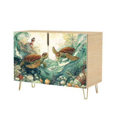 Sideboard Buffet Cabinet with Storage Underwater Sea Scene Sea Turtles Starfish Compass Anchor Lighthouse with 2 Doors for Living Room and Kitchen