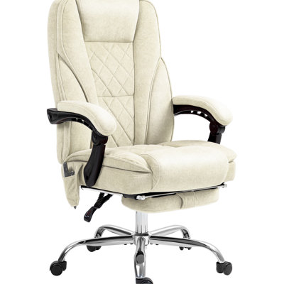 Beige Reclining Office Chair With Massage. 6 Vibration. Heat Function. Adjustable Height. Extended Footrest. Soft Fabric. 3 Massage Modes. 265 Lbs Capacity In Beige. Foot Rest & Feature. 6 Vibration